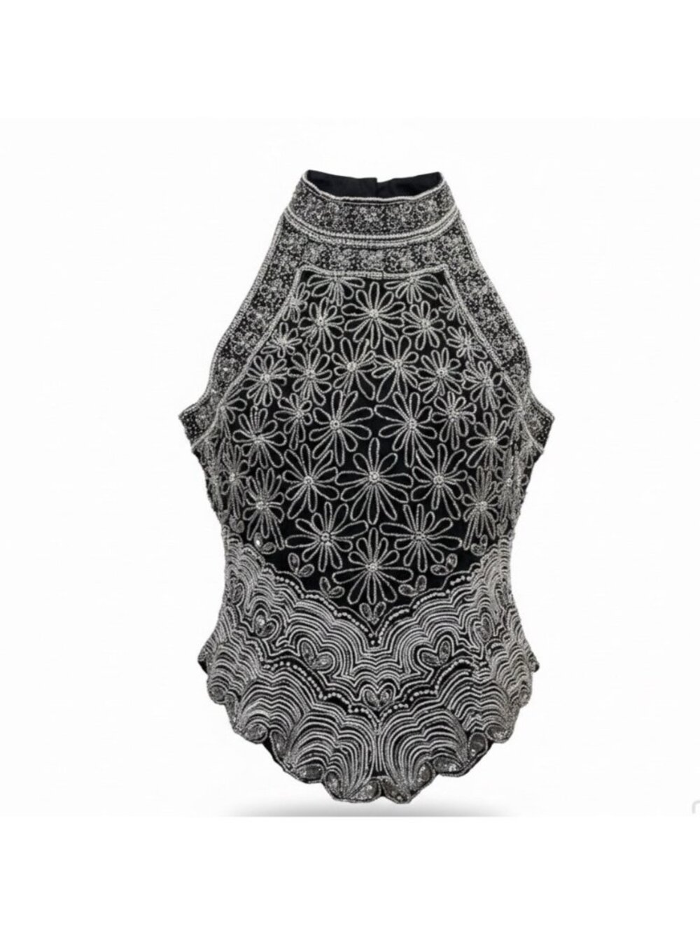 Papell Boutique Womens Black Silk Beaded Halter Top Evening Wear Size M